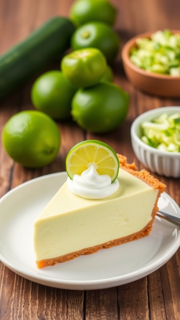 A slice of zucchini key lime pie with whipped cream and lime garnish on a plate.